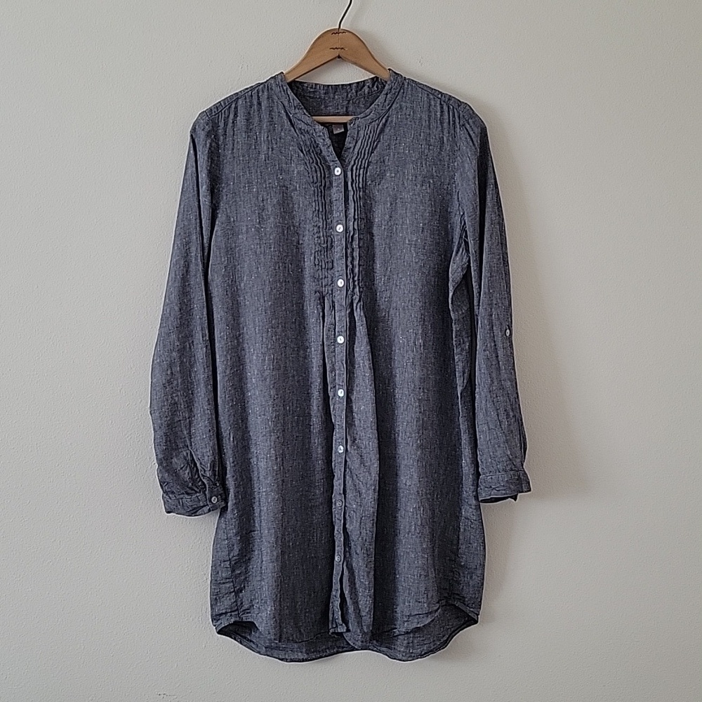 J. Jill Blue Grey Linen Blend Button Front Pleated Tunic Size Medium